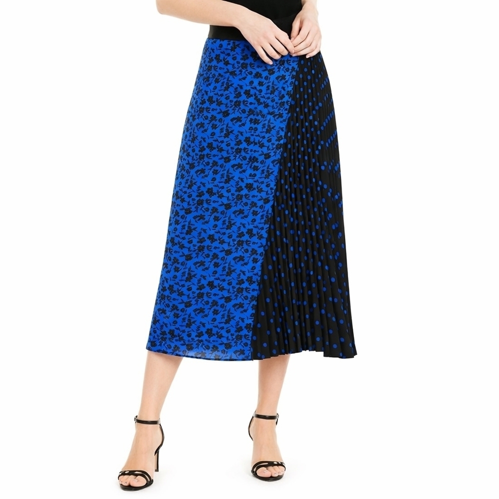 Alice + Olivia Lilia Skirt Blue Floral Polka Dot Pleated Midi Size 6 Retro Vibe